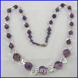 Art Deco Vtg Sterling Amethyst Rock Crystal Quartz Bead Gemstone Necklace 21.5