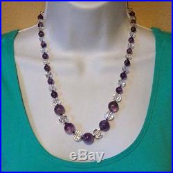 Art Deco Vtg Sterling Amethyst Rock Crystal Quartz Bead Gemstone Necklace 21.5