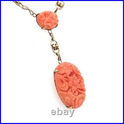 Art Deco Yellow Gold 14k Carved Genuine Natural Coral Necklace (#J5457)