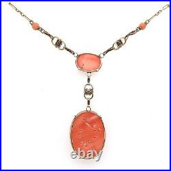 Art Deco Yellow Gold 14k Carved Genuine Natural Coral Necklace (#J5457)