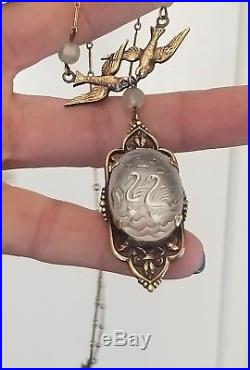 Art Deco Yellow Gold Filled Birds Carved Rock Crystal Stone Pendant Necklace