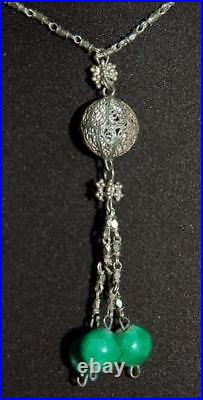 Art Deco Yemenite Filigree Ornate sterling silver green mottled glass Necklace