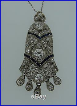 Art Deco c. 1930s 3.35 cts DIAMOND SAPPHIRE PLATINUM PENDANT NECKLACE Very Fine