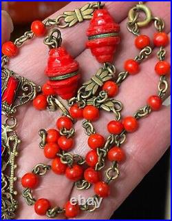 Art Deco filigree Brass Czech Red glass vintage antique necklace jewelry