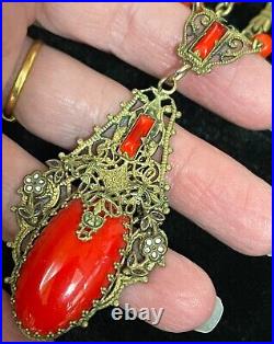 Art Deco filigree Brass Czech Red glass vintage antique necklace jewelry