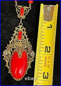 Art Deco filigree Brass Czech Red glass vintage antique necklace jewelry