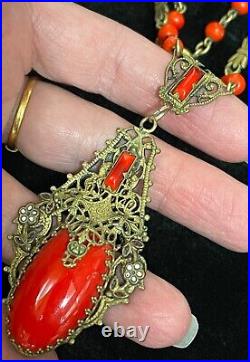 Art Deco filigree Brass Czech Red glass vintage antique necklace jewelry