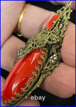 Art Deco filigree Brass Czech Red glass vintage antique necklace jewelry