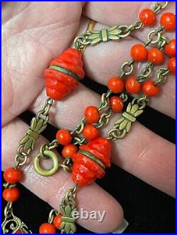 Art Deco filigree Brass Czech Red glass vintage antique necklace jewelry