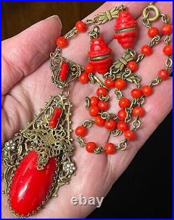 Art Deco filigree Brass Czech Red glass vintage antique necklace jewelry