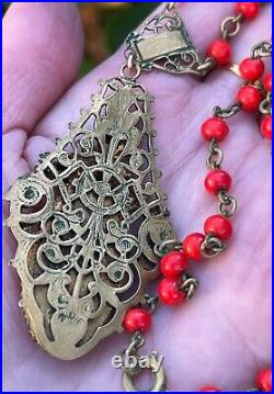 Art Deco filigree Brass Czech Red glass vintage antique necklace jewelry