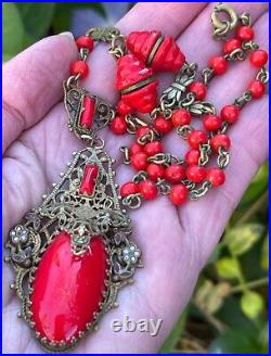 Art Deco filigree Brass Czech Red glass vintage antique necklace jewelry