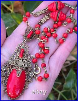 Art Deco filigree Brass Czech Red glass vintage antique necklace jewelry