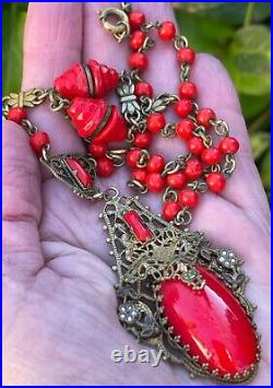 Art Deco filigree Brass Czech Red glass vintage antique necklace jewelry