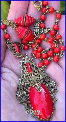 Art Deco filigree Brass Czech Red glass vintage antique necklace jewelry