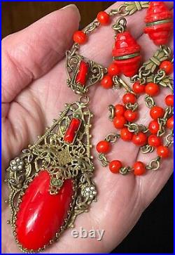 Art Deco filigree Brass Czech Red glass vintage antique necklace jewelry