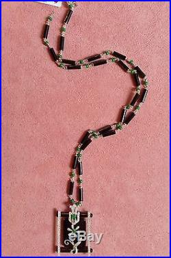 Art Deco-inspired Jade, Onyx & Diamond Necklace 20 18k White Gold- HM496