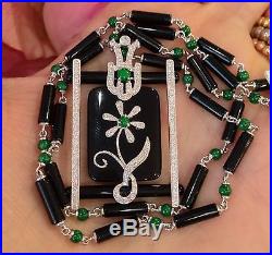 Art Deco-inspired Jade, Onyx & Diamond Necklace 20 18k White Gold- HM496