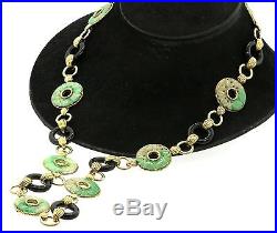 Art Deco period heavy 14K gold 25.5mm Green jade & 21.3mm onyx ring necklace