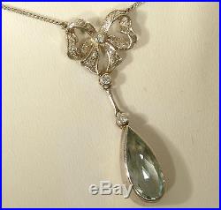 Art Deco style 9ct White Gold Pear Cut Aquamarine & Diamond pendant Necklace