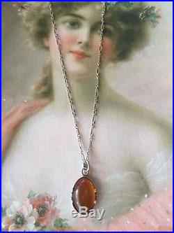 Art Deco vintage Antique old Baltic Amber pendant Sterling Silver chain Necklace