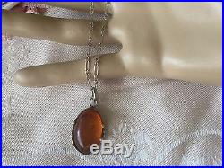 Art Deco vintage Antique old Baltic Amber pendant Sterling Silver chain Necklace