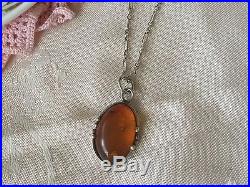 Art Deco vintage Antique old Baltic Amber pendant Sterling Silver chain Necklace