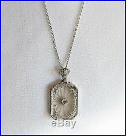 Art Nouveau Deco 14k White Gold Diamond Filigree Camphor Glass Pendant Necklace