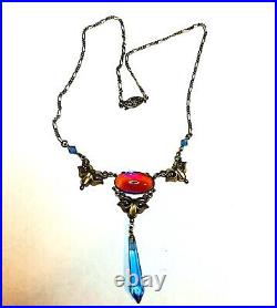 Art Nouveau/Deco Dragon's Breath Jelly Opal Glass NecklaceBlue CrystalsBrass
