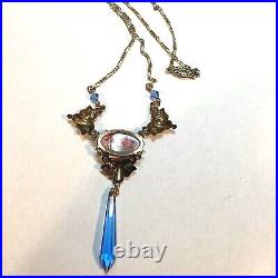 Art Nouveau/Deco Dragon's Breath Jelly Opal Glass NecklaceBlue CrystalsBrass