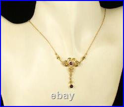 Art Nouveau Deco Vintage Genuine Pearl Amethyst 14k Gold Drop Lavalier Necklace