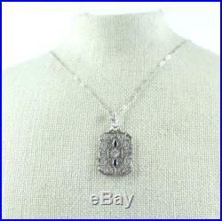 Art deco 14k diamond sapphire necklace white gold filigree paper clip chain vtg
