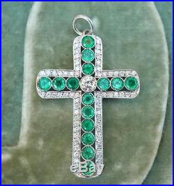 Art deco 2.25ct emerald and 1ct diamond 18ct white gold cross pendant necklace