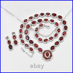 Art deco Vintage 8x6 & 7x5mm Red Garnet Necklace 14k White Gold Over Jewelry Set