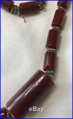 ArtDeco Antique Vintage Cherry Amber Red Bakelite Faturan Rare Bead Necklace 103