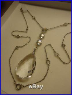 Astonishing Rare Silver Vintage Art Deco Rock Crystal Pendant Necklace 24 + Box