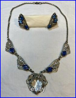 Authentic Antique Edwardian Art Deco Blue Clear Stones Paste Lavaliere Necklace