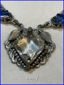 Authentic Antique Edwardian Art Deco Blue Clear Stones Paste Lavaliere Necklace