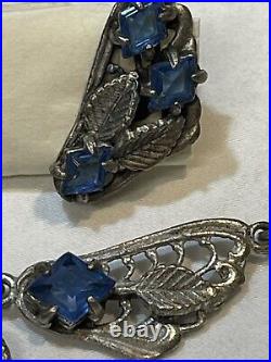 Authentic Antique Edwardian Art Deco Blue Clear Stones Paste Lavaliere Necklace