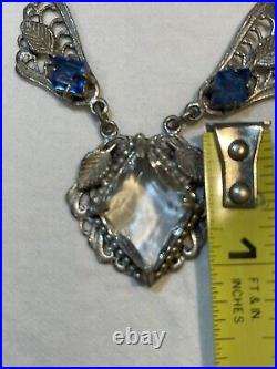 Authentic Antique Edwardian Art Deco Blue Clear Stones Paste Lavaliere Necklace