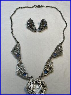 Authentic Antique Edwardian Art Deco Blue Clear Stones Paste Lavaliere Necklace