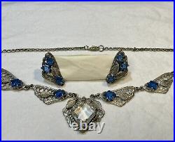 Authentic Antique Edwardian Art Deco Blue Clear Stones Paste Lavaliere Necklace