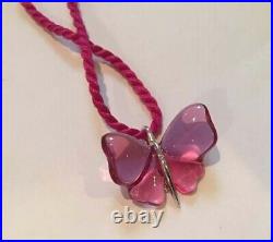 Authentic LALIQUE France Butterfly Fuchsia Pink Papillon Crystal Necklace NIB
