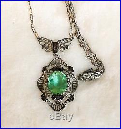 Awesome Unusual Two Toned Art Deco Filigree Sterling Silver Peridot Necklace
