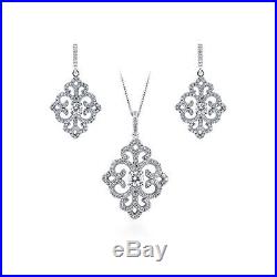 BERRICLE Sterling Silver CZ Filigree Art Deco Earrings and Pendant Necklace Set