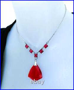 Beautiful ART DECO Red Faceted Glass Vintage Antique Silver Pendant Necklace
