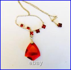 Beautiful ART DECO Red Faceted Glass Vintage Antique Silver Pendant Necklace