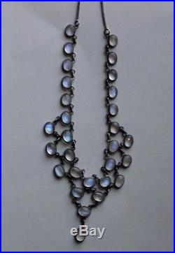 Beautiful Antique Art Deco Natural Blue Moonstone Festoon Silver Necklace