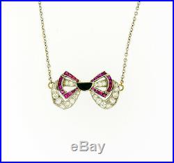 Beautiful Antique Art Deco Ruby, Diamond And Onyx Platinum Bow Tie Necklace