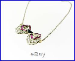 Beautiful Antique Art Deco Ruby, Diamond And Onyx Platinum Bow Tie Necklace